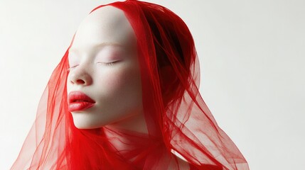 Ethereal Woman in Red Veil and Cheek Tattoo