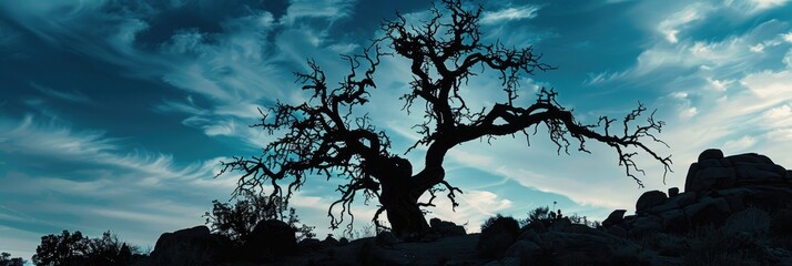 Wall Mural - Silhouette of a twisted tree with rocky formations and a sky backdrop