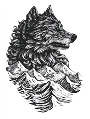 A black and white illustration of a wolf's head with mountains and waves behind it.