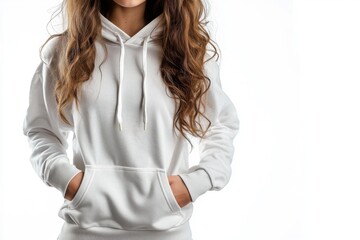 Woman wearing a white hoodie with hands in pockets.