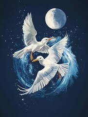 Wall Mural - Two white seagulls fly in a circle against a dark blue sky with a full moon and swirling water.