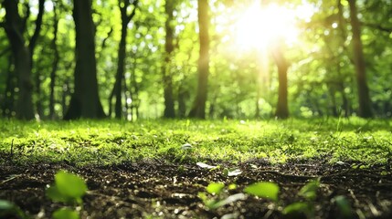 Sunbeams Through Forest Trees  Green Grass  Nature Background