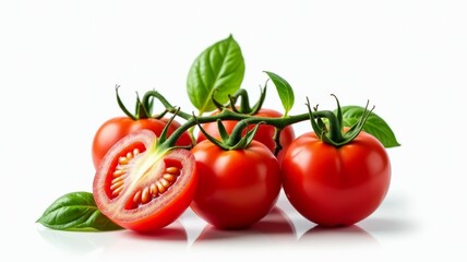 A close up of a tomato with a stem and leaves