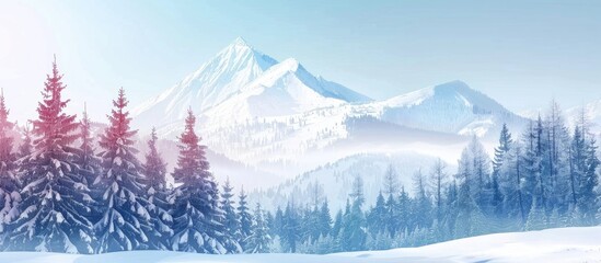 Wall Mural - Colorful View Of The Snow White Mountain Around The Forest Wild Life Winter Background