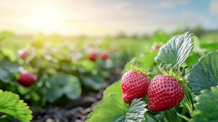 Two red strawberries on a leaf in a field