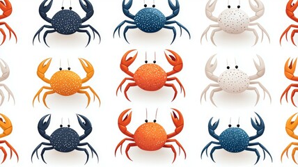 A row of colorful crabs with one being orange and the others blue and white