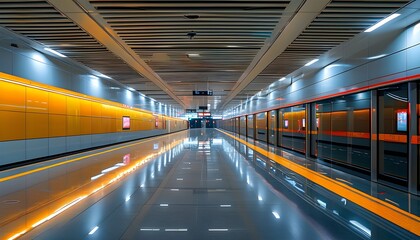 Urban subway platform featuring modern design, reflective surfaces, and a serene atmosphere with empty tracks illuminated by bright lights