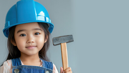 Malay little girl wearing helmet hard hat and overalls holding hammer