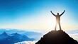 © Yuparet - Conquering the Summit: Celebrating Success and Victory with Arms Raised in Triumph on Mountain Peak with Copy Space for Text