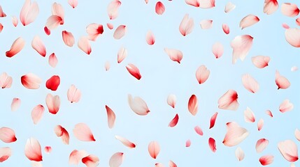 Poster - Delicate sakura petals gently falling and drifting against a serene light blue background creating a peaceful and harmonious floral pattern for use in various design applications