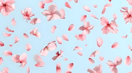 Poster - Soft and delicate sakura petals gently drifting and cascading on a light blue background creating a serene and peaceful wallpaper pattern design