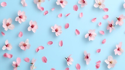 Poster - Delicate Sakura Petals Gently Drifting and Swaying on a Light Blue Minimalist Wallpaper Pattern Background  Elegant Floral Botanical Design for Spring Asian or Japanese Themed Decor