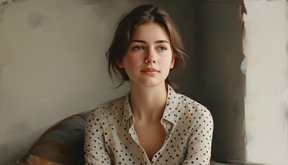 Serene portrait of a young woman in a polka-dotted blouse, embodying calmness and introspection in a minimalist environment