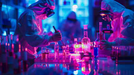 Futuristic Neon Lit Laboratory with Scientists at Work