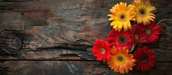 Wall Mural - Colored Gerbera Flowers On A Rustic Wooden Table As A Background