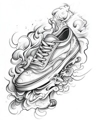 A black and white illustration of a sneaker with a stylized design, surrounded by swirling clouds.