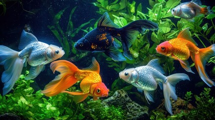 Colorful Goldfish Swimming in Aquarium Tank with Plants