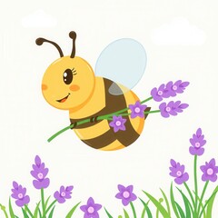 Wall Mural - A cartoon bee flying through the sky, holding a lavender stem.