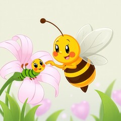 Wall Mural - A cartoon bee offering a lily to a little caterpillar