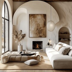 Wall Mural - Neutral Tone Modern Boho Living Room with Arched Window and Fireplace