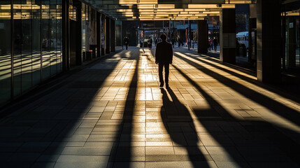 Businessman walking under the sunlight in the city