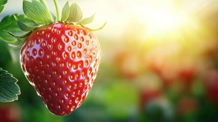 Wall Mural - A close up of a red strawberry with green leaves