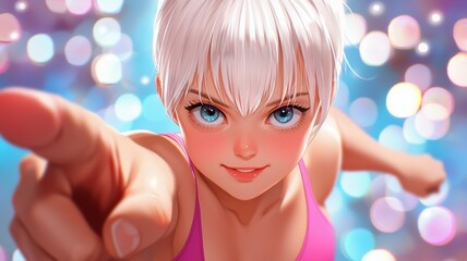 Wall Mural - A cartoon girl with a pink top and blue eyes pointing to the camera