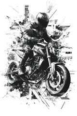 Wall Mural - A black and white illustration of a motorcycle rider in a helmet, riding on a modern motorcycle with an abstract background.