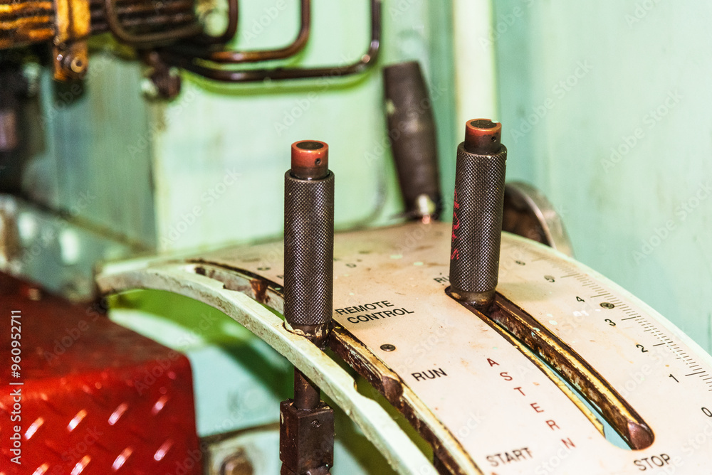 A close-up of the local control station for the main engine of a large ...
