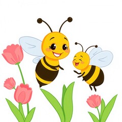 Wall Mural - A smiling cartoon bee offering a tulip to another bee.