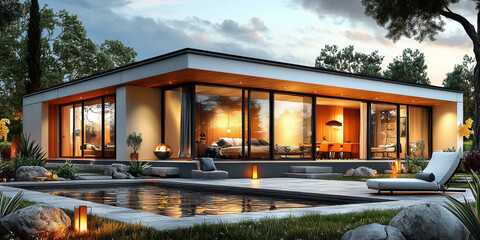 Poster - Modern home with a swimming pool and patio.