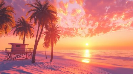 Wall Mural - 80s beach sunset with a pink and orange sky, vintage lifeguard tower, palm trees casting long shadow