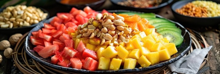 Fruit salad with spicy palm sugar dressing and peanuts