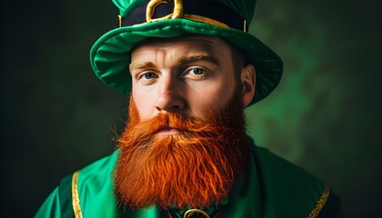 Vibrant leprechaun with a red beard in a festive green costume celebrating St. Patricks Day