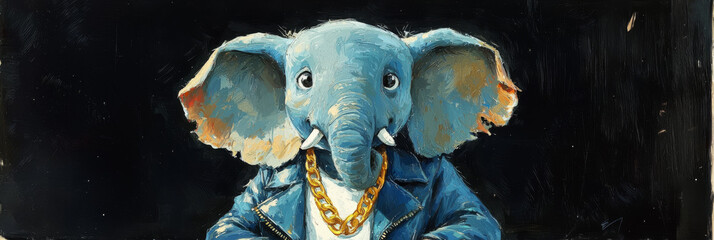 A blue elephant in a leather jacket and gold chain looks directly at the camera.