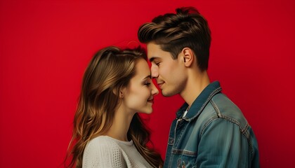 Wall Mural - Passionate young couple embracing against a vivid red backdrop