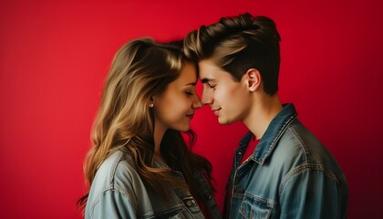 Canvas Print - Passionate young couple embracing against a vivid red backdrop