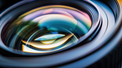 Close-up of a camera lens showcasing a complex and detailed optical design.