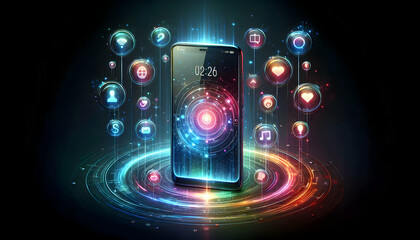 Wall Mural - Cutting Edge Smartphone with Floating Holographic App Icons - Vibrant and Futuristic Technology Design with Copy Space for Branding - Conceptual Image of Next-Gen Mobile Technology Innovation