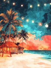 Wall Mural - retro beach party flat design front view nightlife theme watercolor splitcomplementary color scheme