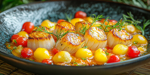 Wall Mural - Seared scallops served with cherry tomatoes and a flavorful sauce.