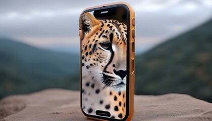  A modern phone case with a bold cheetah print pattern, standing upright on a marble surface, 