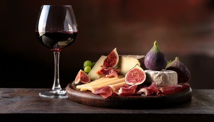 Wall Mural - A rustic wooden platter filled with a selection of aged cheeses, cured meats, and fresh figs 