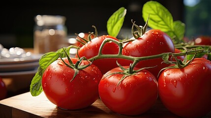 Wall Mural - Gorgeous red tomatoes displayed in a kitchen setting,