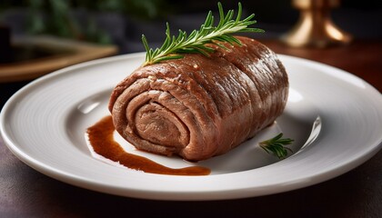 Wall Mural - A single beef roulade rolled tightly, topped with a sprig of fresh rosemary, resting on a cl 