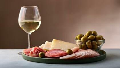 Wall Mural - An elegantly arranged platter of sliced salami, smoked gouda, and green olives, accompanied