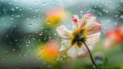 Sticker - A delicate flower, seen through a rain-streaked window, creating a soft and ethereal atmosphere.