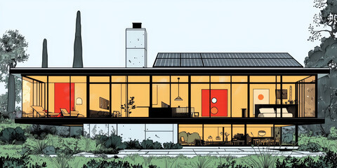 Poster - A modern home with large windows and a solar panel roof.