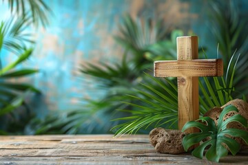 Wall Mural - Palm Sunday Symbolism: Wooden Cross and Palm Leaf on White Background with Copy Space