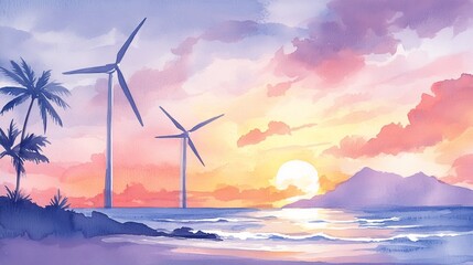 Wind turbines by the sea, vibrant sunset, palm trees, calm waves in tropical landscape, Watercolor